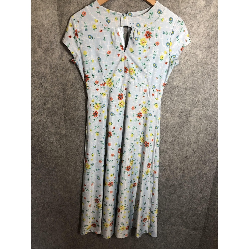 Lindy Bop Dress Womens Small Blue Floral Fit Flare High Neck Midi Cap Sleeve